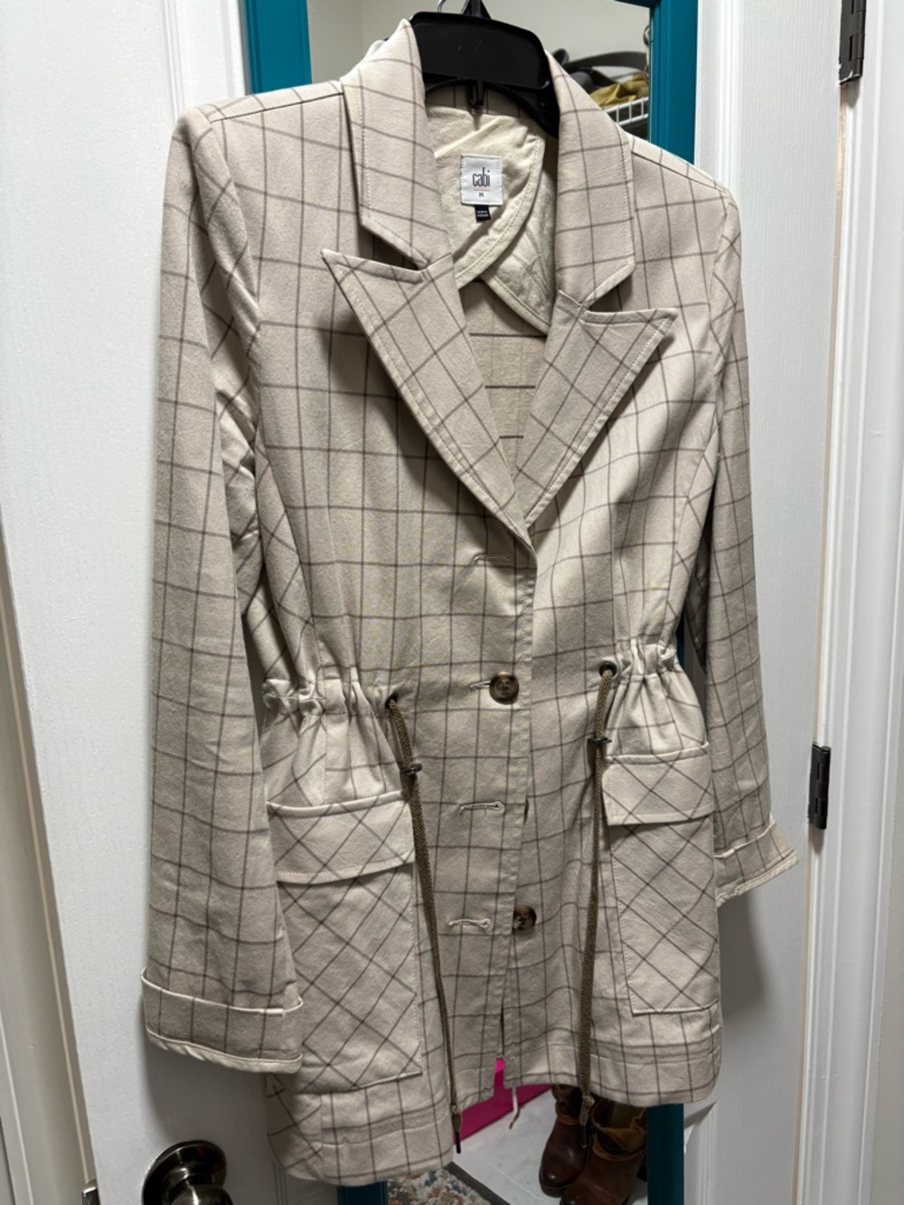 Cabi Neutral Plaid Drawstring Waist Jacket - Lightweight Women’s Coat